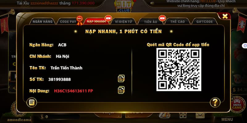 Hình thức nạp 1Pay siêu nhanh